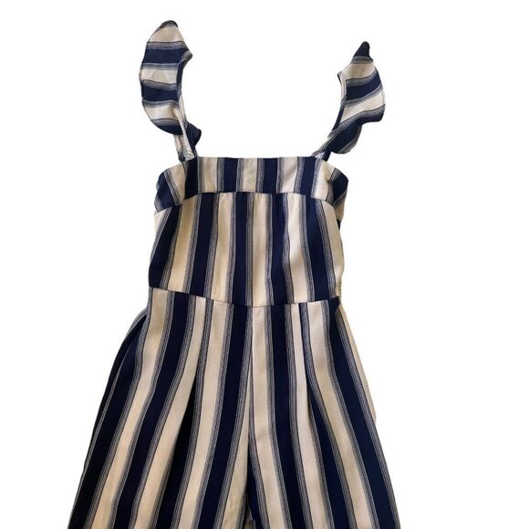 Trixxi Sleeveless Wide Leg Beige Navy Blue Ruffle Strap Summer Jumpsuit Sz S - Picture 7 of 11